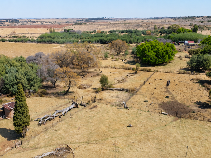 Aerial view of a large farm property featuring open grazing land, wire fencing, mature trees, and a small brick outbuilding with a metal roof.