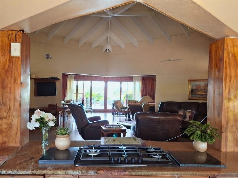 Open-plan kitchen and living area featuring a central gas hob, granite countertops, and a high vaulted ceiling with exposed trusses leading to outdoor access.