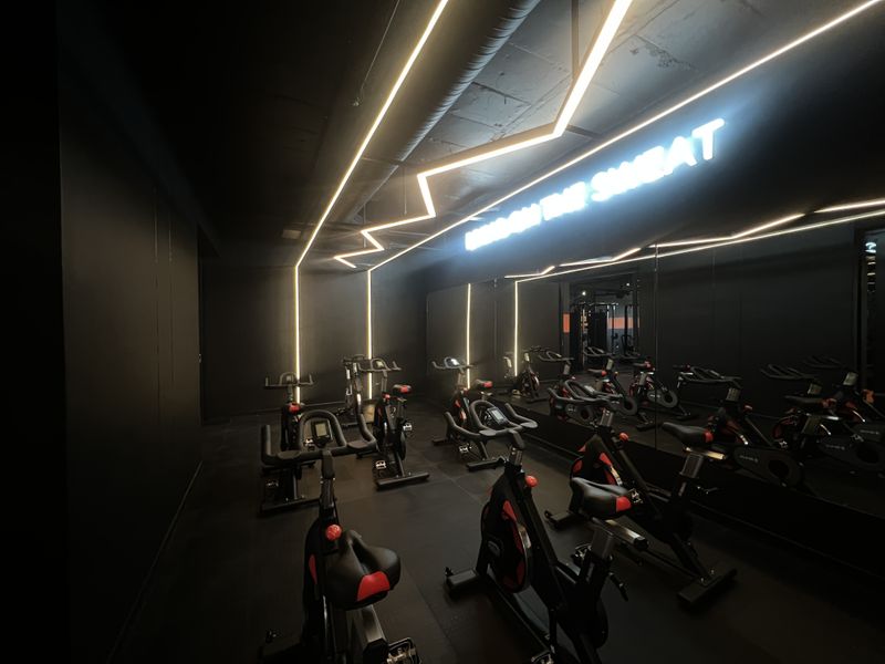 Modern professional gym facility featuring sleek black finishes, integrated linear LED lighting, and a large wall mirror for an immersive workout experience.