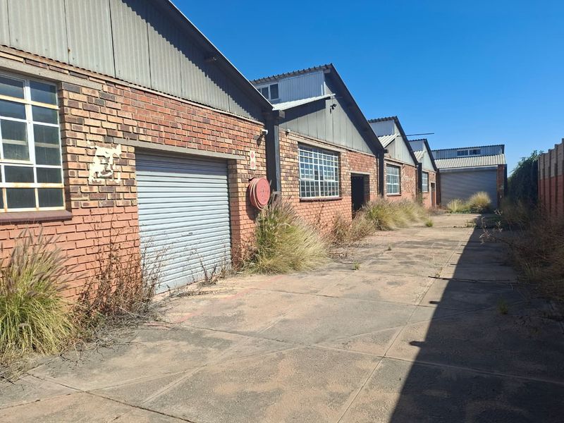 Rear exterior view of an industrial property featuring brick facade, corrugated roofing, multiple roller shutter doors, and paved access area with overgrown vegetation.