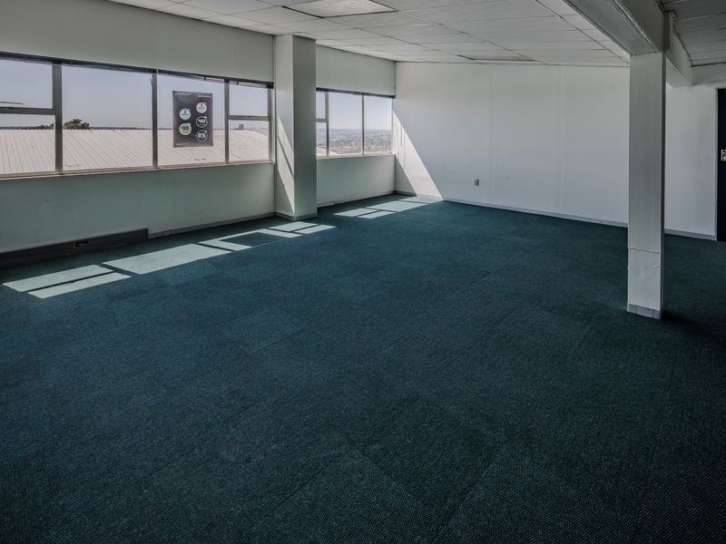An empty, open-plan office space featuring large windows, suspended ceilings, and carpeted flooring, offering a bright and versatile workspace.
