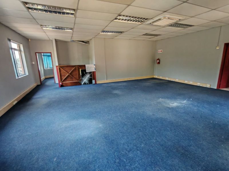 Spacious open-plan office area featuring a suspended ceiling, recessed lighting, and a built-in counter, suitable for a professional workspace.