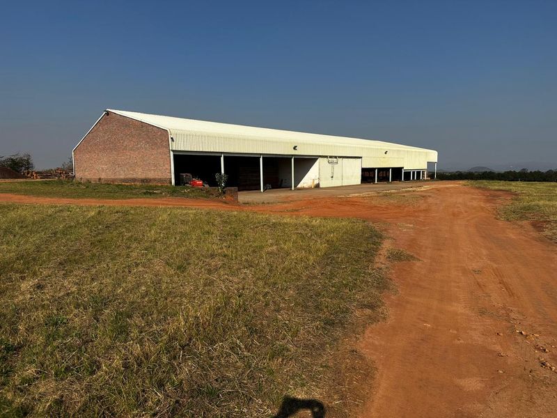 A large, open-sided agricultural storage shed with a corrugated metal roof and brick gable end, situated on a rural farm property.