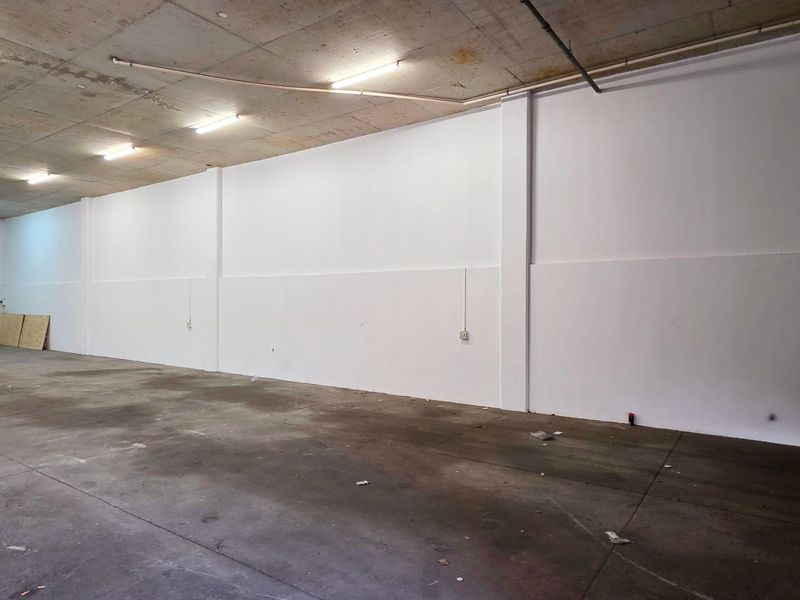 Spacious industrial garage or warehouse unit featuring high concrete ceilings, fluorescent lighting, and a large roller shutter door for easy access.