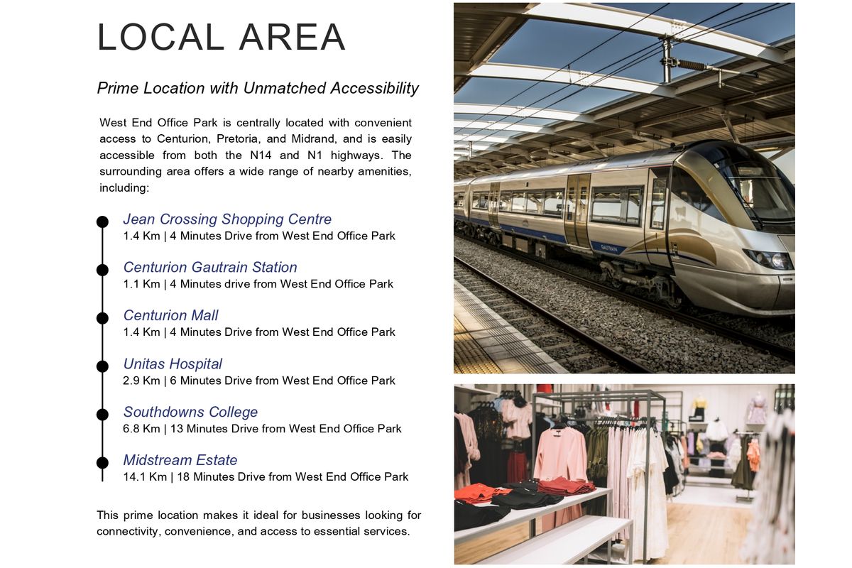 A promotional flyer highlighting the local area and accessibility of the West End Office Park, featuring a train station and retail imagery.