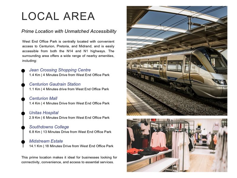 A promotional flyer highlighting the local area and accessibility of the West End Office Park, featuring a train station and retail imagery.