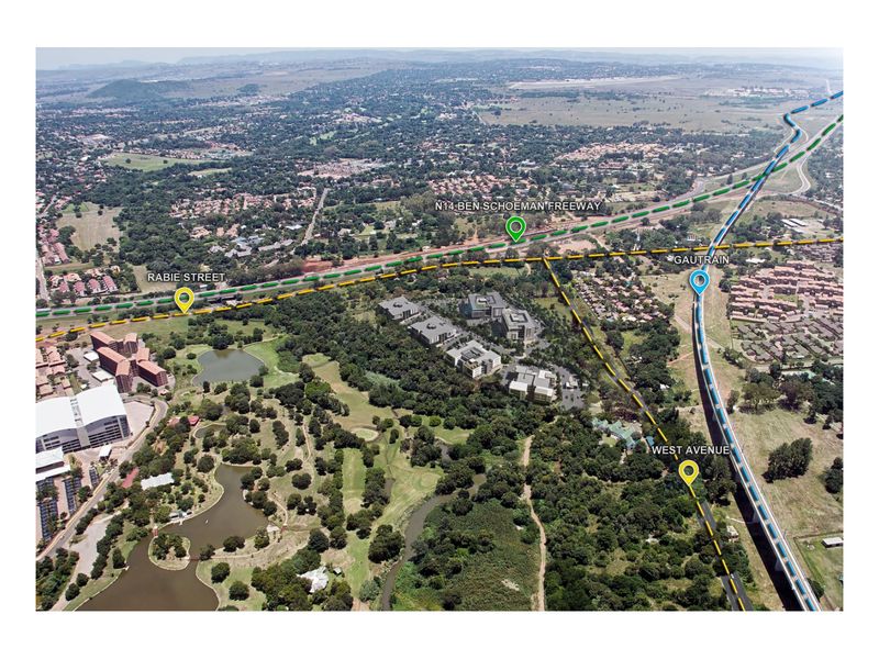 Aerial view showing the office property location in relation to the N14 Ben Schoeman Freeway, Gautrain route, and surrounding road infrastructure.