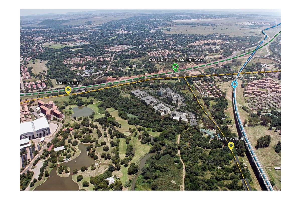 Aerial view showing the office property location in relation to the N14 Ben Schoeman Freeway, Gautrain route, and surrounding road infrastructure.