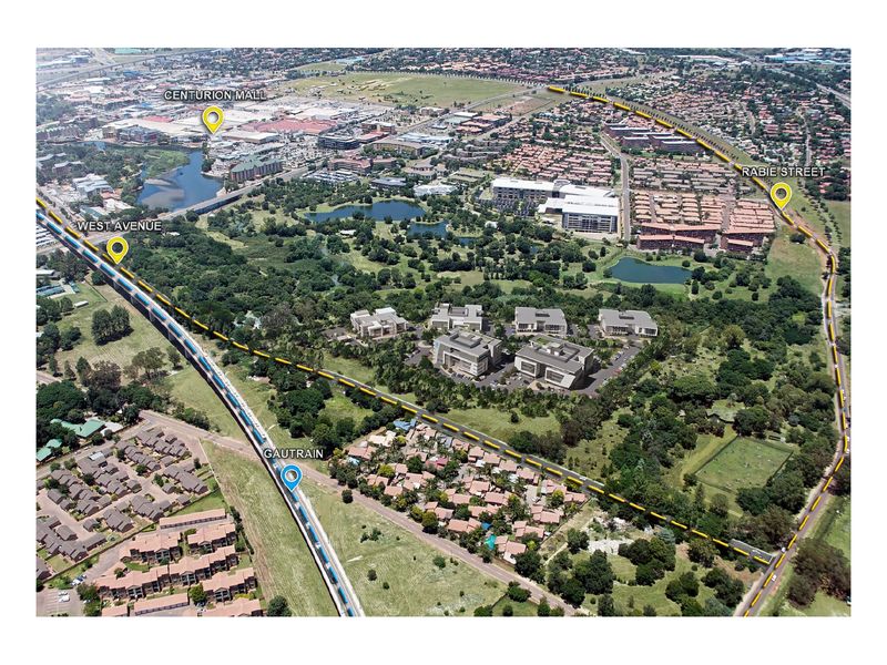 Aerial view of the office park location showing proximity to Centurion Mall, Gautrain station, and major access roads.