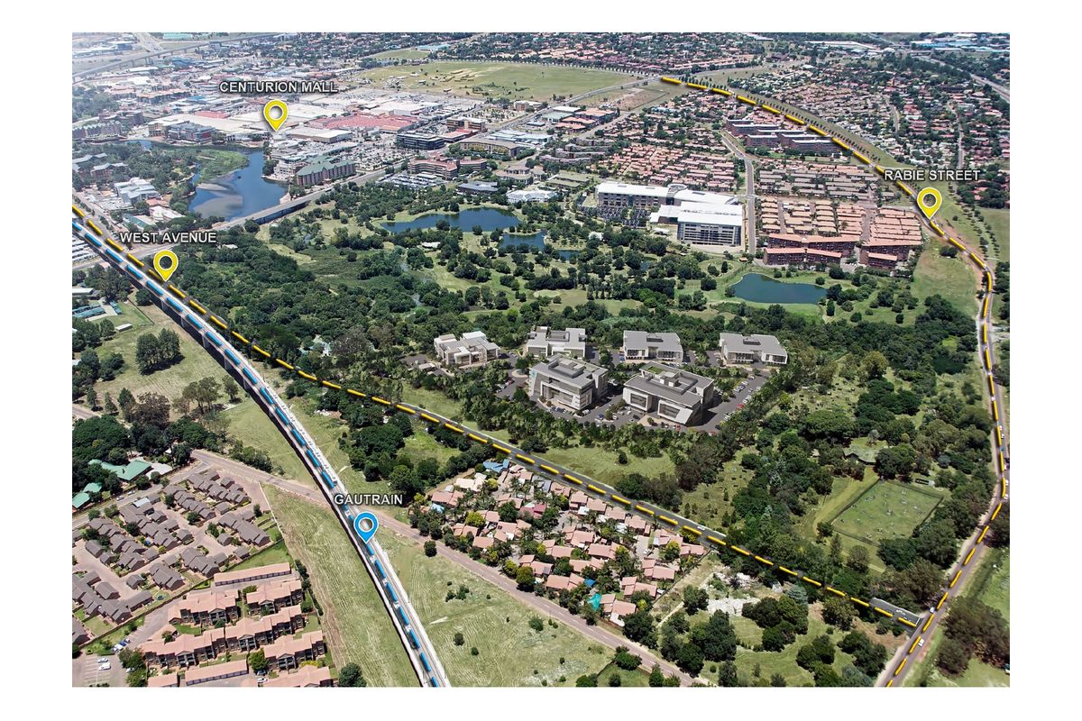 Aerial view of the office park location showing proximity to Centurion Mall, Gautrain station, and major access roads.