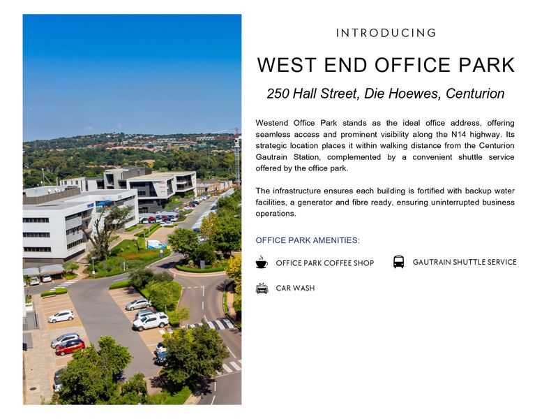 Aerial view of West End Office Park in Centurion, showcasing the office buildings, parking facilities, and surrounding landscaped grounds.