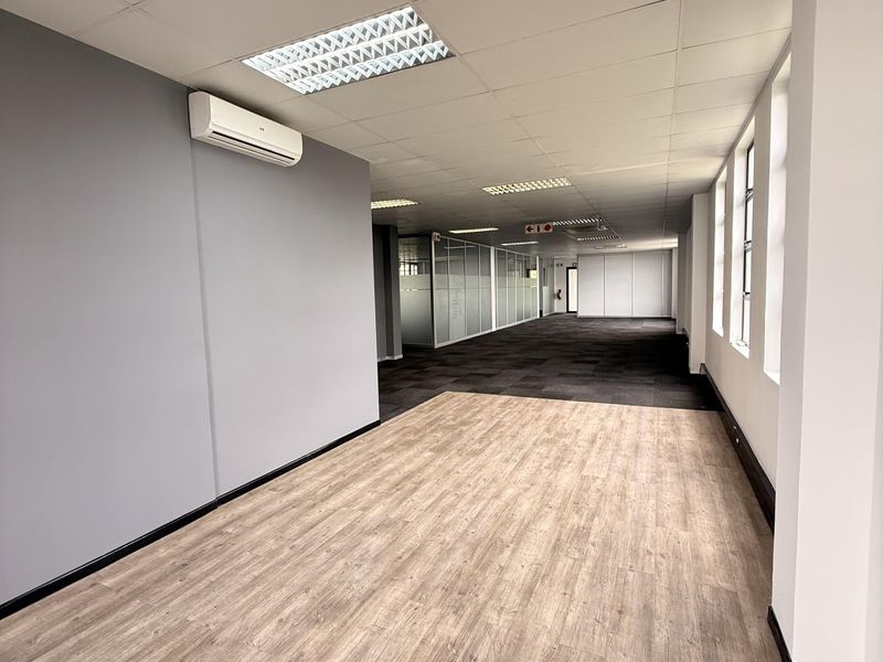 Spacious open-plan office area featuring a mix of wood-look vinyl and carpeted flooring, suspended ceilings, and glass partitions.
