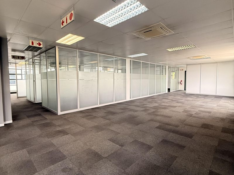 Spacious open-plan office area featuring glass partitioned meeting rooms, suspended ceilings with recessed lighting, and durable carpet tiles throughout.