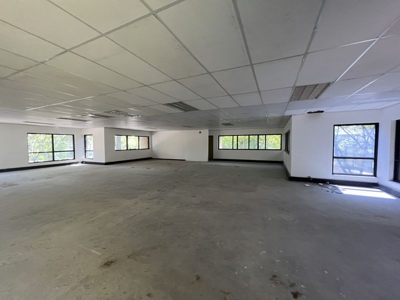 A large, open-plan office space featuring a suspended ceiling, recessed lighting, and multiple windows providing natural light. The space requires flooring and ceiling repairs.