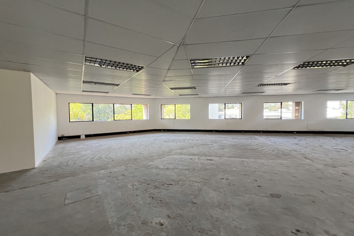 A spacious, open-plan office area featuring a suspended ceiling with recessed lighting and large windows providing ample natural light.