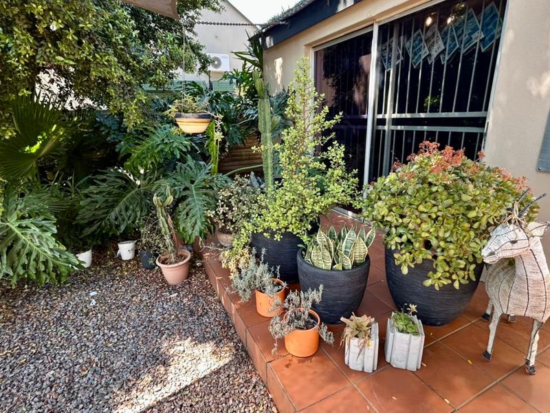 A well-maintained front entrance area featuring a tiled patio, gravel landscaping, and a secure sliding glass door entrance to the office premises.
