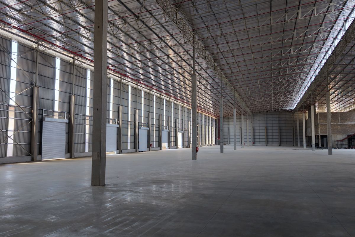 Expansive industrial warehouse space featuring high ceilings, concrete flooring, steel structural supports, and multiple roller shutter doors for efficient logistics and storage operations.