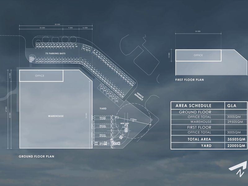 Architectural floor plan showing the industrial warehouse layout, office space, parking bays, and yard area with area schedule.