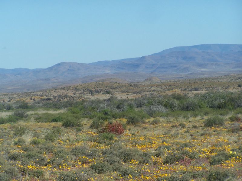 A scenic landscape view of the surrounding farm terrain featuring natural vegetation and distant mountain ranges under a clear blue sky.