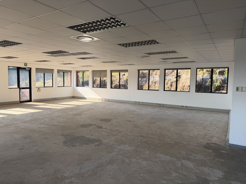Spacious open-plan office area featuring a suspended ceiling, recessed lighting, and large windows providing ample natural light, ready for custom flooring and fit-out.