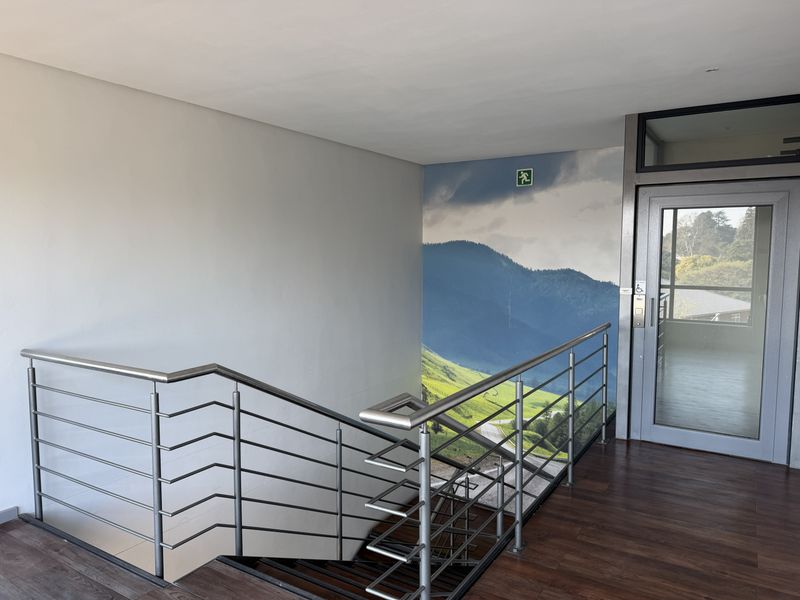 A modern office hallway featuring a stainless steel balustrade, laminate flooring, and an elevator access point with a decorative mountain mural.