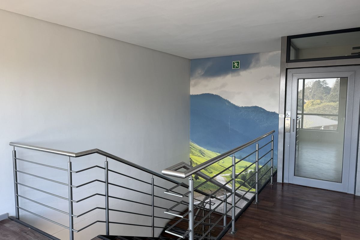A modern office hallway featuring a stainless steel balustrade, laminate flooring, and an elevator access point with a decorative mountain mural.