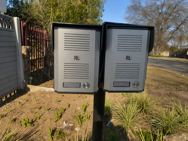 A dual-unit intercom system mounted on a post at the property entrance, featuring modern security access controls.