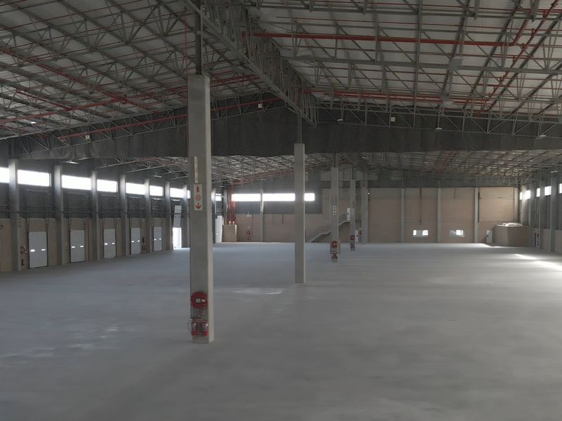 Spacious industrial warehouse featuring high ceilings, concrete flooring, multiple roller shutter doors, and an integrated fire sprinkler system.