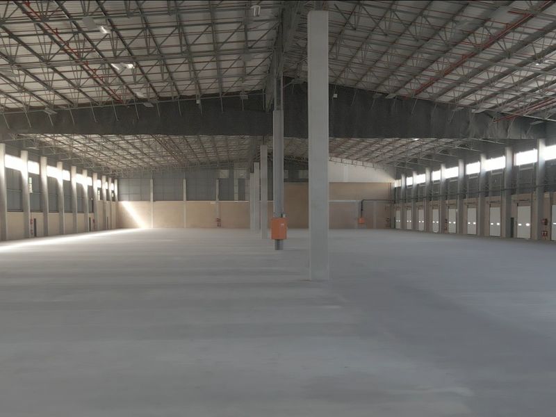 Expansive industrial warehouse space featuring high ceilings, concrete flooring, multiple roller shutter doors, and integrated fire sprinkler systems.