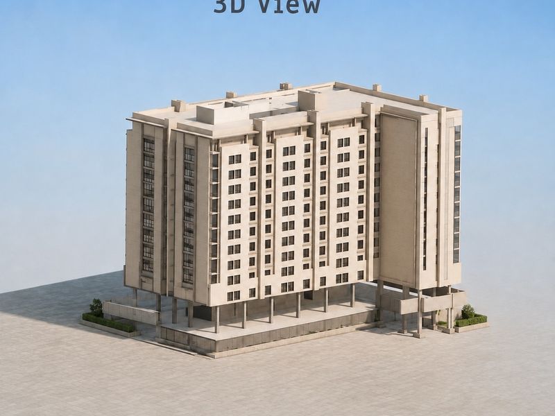 An aerial 3D architectural rendering of a multi-story commercial building featuring a modern design with a pilotis ground level.
