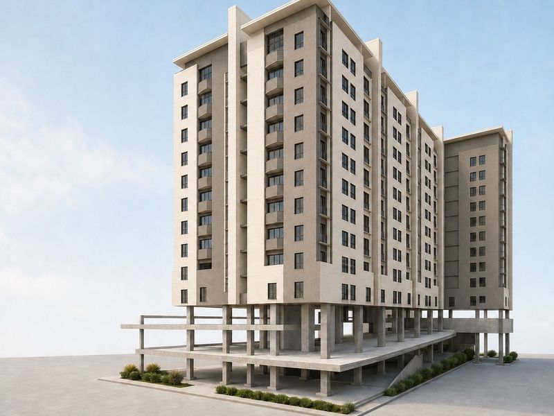 A high-rise commercial building architectural rendering featuring a modern facade with balconies and a concrete structural base.