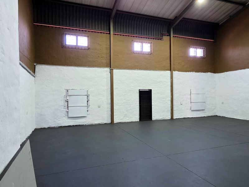 Spacious industrial utility area featuring high ceilings, exposed steel trusses, secure high-level windows, and durable painted concrete flooring.