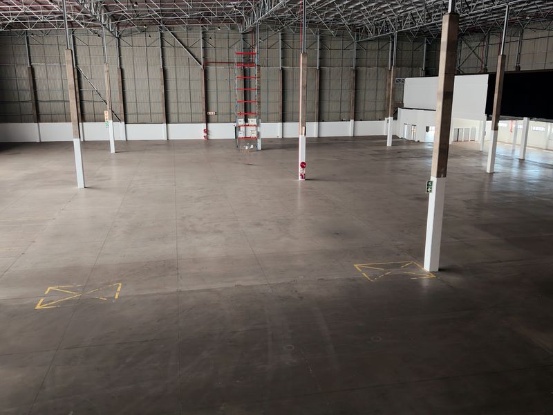 A large, open-plan industrial warehouse space featuring high ceilings with exposed steel trusses, concrete flooring, and structural support columns.