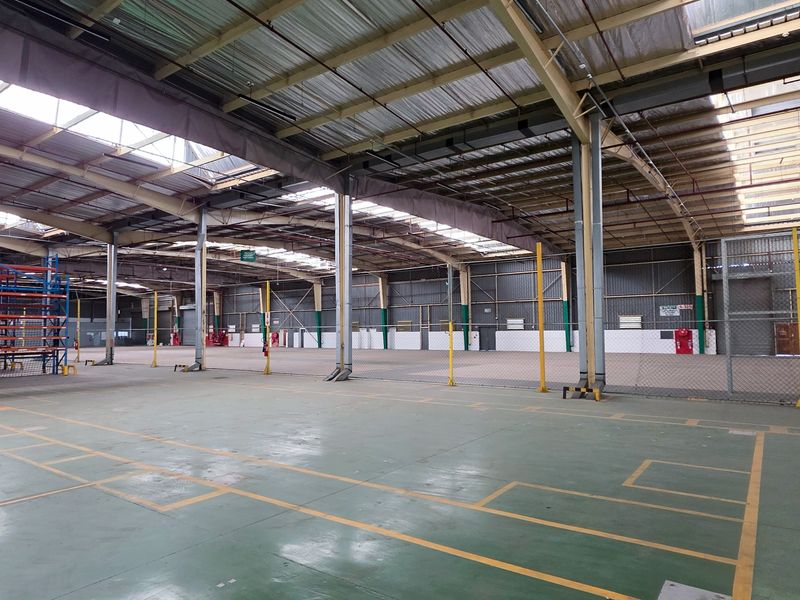 Spacious industrial warehouse featuring high ceilings with skylights, concrete flooring, steel support columns, and integrated heavy-duty racking systems.