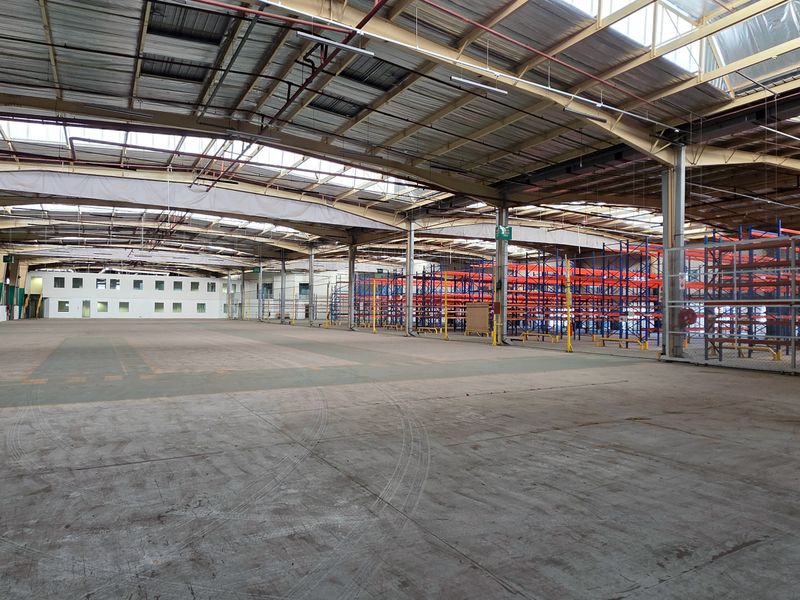 Expansive industrial warehouse space featuring high ceilings with integrated skylights, durable concrete flooring, and existing heavy-duty pallet racking systems.