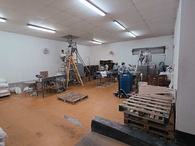 Industrial production area featuring durable epoxy flooring, suspended ceiling, and integrated processing machinery suitable for manufacturing operations.