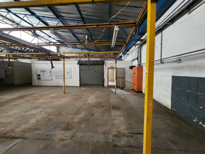 Spacious industrial utility area featuring exposed steel roof trusses, concrete flooring, and a secure roller shutter door access point.