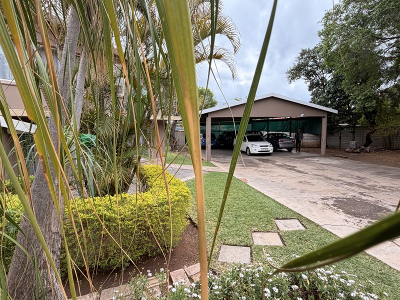 Exterior view of the property featuring a covered carport, concrete driveway, and established garden area.