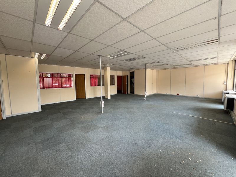 Spacious open-plan office area featuring modular partition walls, suspended ceilings with recessed lighting, and carpeted flooring, offering a blank canvas for customization.