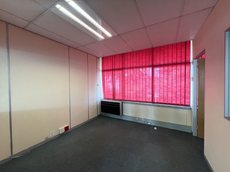 A vacant office space featuring a suspended ceiling, fluorescent lighting, wall-mounted air conditioning, and carpeted flooring with large windows covered by vertical blinds.