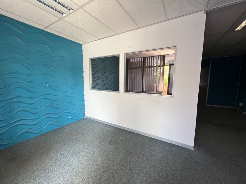 An empty office space featuring a textured blue accent wall, suspended ceiling with recessed lighting, and internal glass partition windows.
