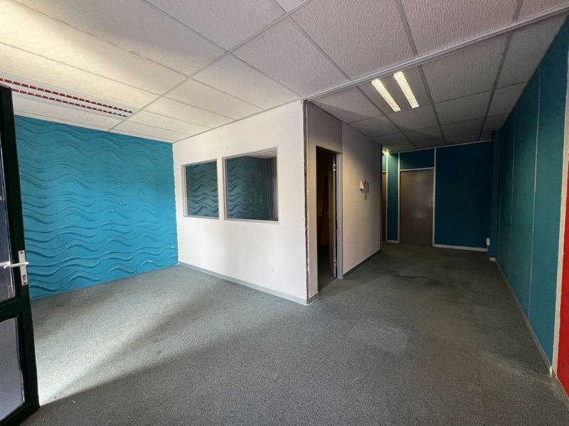An empty office space featuring a textured blue accent wall, suspended ceiling with recessed lighting, and internal glass partitioning.