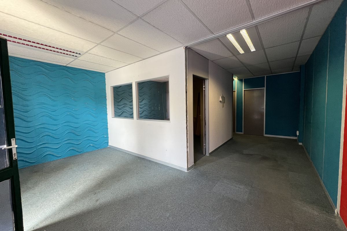 An empty office space featuring a textured blue accent wall, suspended ceiling with recessed lighting, and internal glass partitioning.