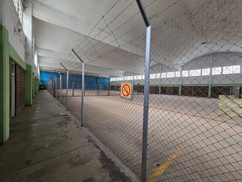 Large industrial warehouse or sports facility space featuring high ceilings, concrete flooring, and secure chain-link fencing partitions.