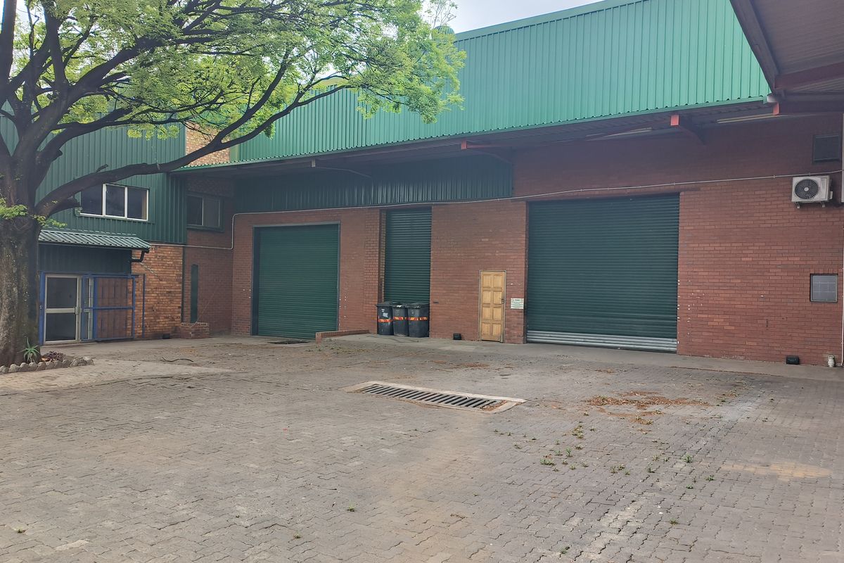 Rear industrial yard featuring brick facade, multiple roller shutter doors, metal roof cladding, and paved access area with drainage.