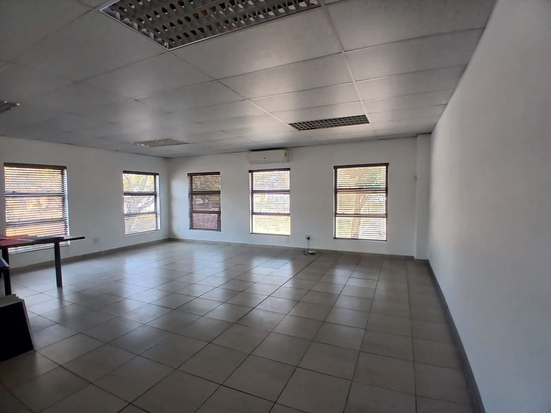 Spacious, empty office area featuring tiled flooring, a suspended ceiling with recessed lighting, and multiple windows equipped with venetian blinds.