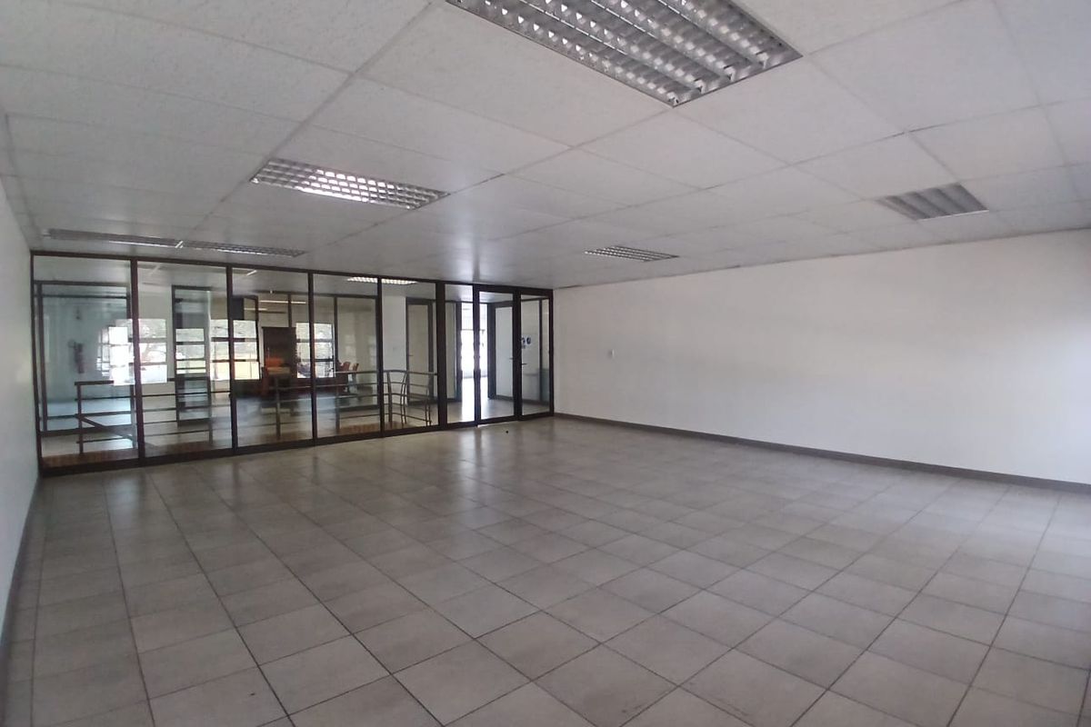 Spacious, empty office area featuring a suspended ceiling with recessed lighting, tiled flooring, and a glass partition wall providing a professional, open layout.