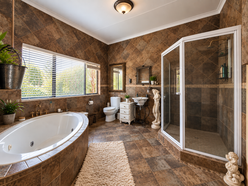 Spacious bathroom featuring a built-in jetted bathtub, corner shower enclosure, pedestal washbasin, and full-height tiled walls with natural light from large windows.