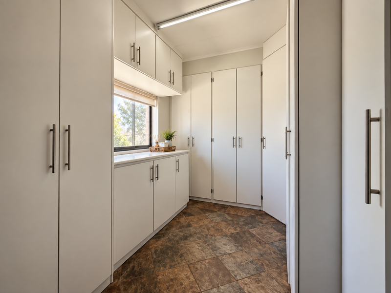 A clean and functional utility space featuring extensive built-in cabinetry, tiled flooring, and natural light from a window.