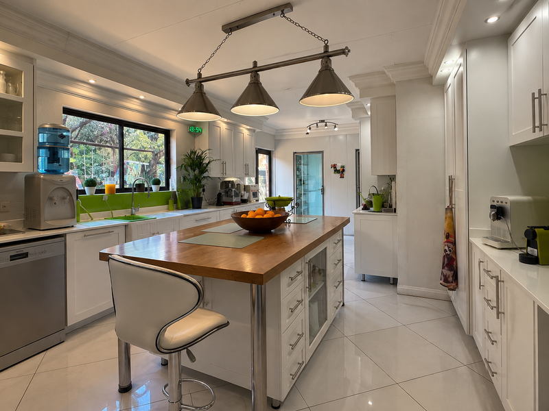 A well-maintained kitchen featuring a central island with a wooden countertop, white cabinetry, tiled flooring, and modern pendant lighting.